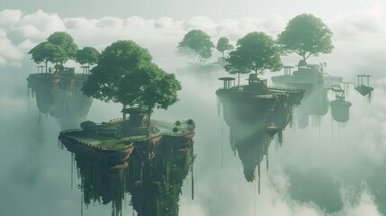 Floating Islands Above a Misty Valley