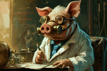Unconventional Anthropomorphic pig wearing doctor medical uniform. Piglet animal dressed in white hospital coat. Generate ai