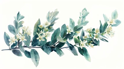 A watercolor painting of a branch with green leaves and white flowers.