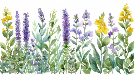 A variety of watercolor flowers and herbs.
