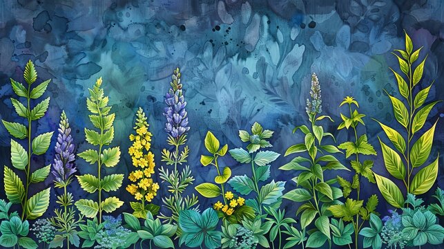 A seamless pattern of hand-painted herbs and wildflowers on a dark blue watercolor background.