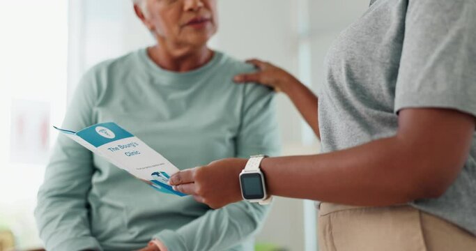 Brochure, clinic and senior woman for consultation, healthcare services or life insurance. Retirement, elderly female person and caregiver with pamphlet for support, advice or discussion in hospital