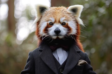 Distinctive Anthropomorphic red panda dressed suit. Cute face art wear cool. Generate Ai