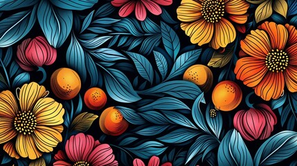 Colorful floral pattern with blue background