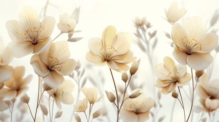 A field of white and cream colored flowers with a blurred background.