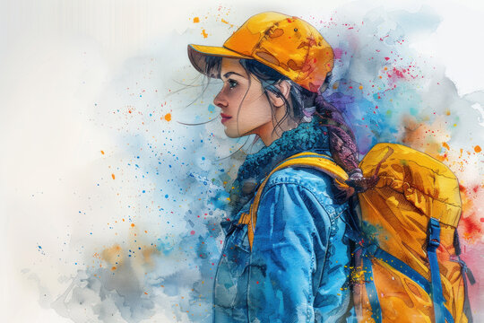 Colorful watercolor painting of a female hiking in forest, adventure