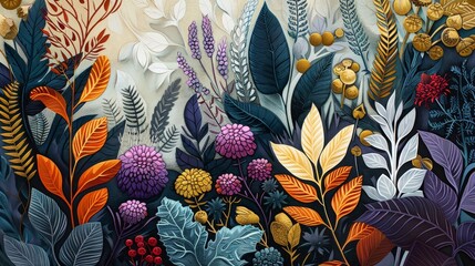 A colorful botanical illustration with a variety of flowers, leaves, and plants. The colors are vibrant and saturated, and the composition is dense and lush. The style is realistic, but with a slightl - obrazy, fototapety, plakaty