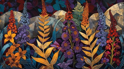 A painting of colorful flowers with intricate patterns and a dark background.