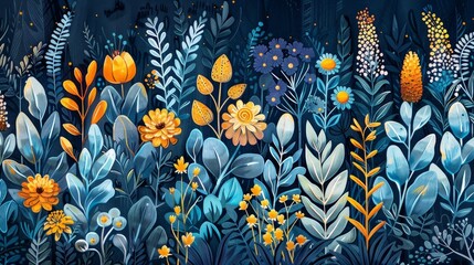 A seamless pattern of blue and yellow flowers and leaves on a dark blue background. - obrazy, fototapety, plakaty
