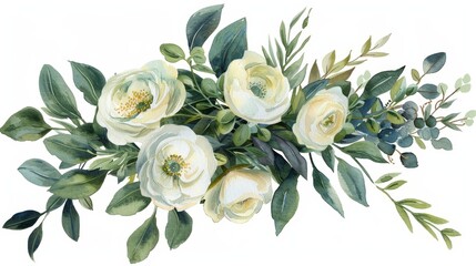 A watercolor painting of a bouquet of white and cream colored flowers with green leaves and stems.