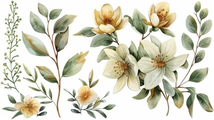 A watercolor painting of a variety of green leaves and yellow flowers.