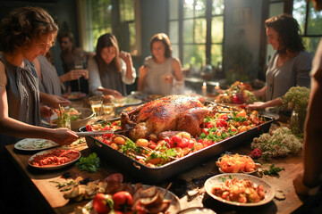 Roast turkey in foreground and family at table in background.