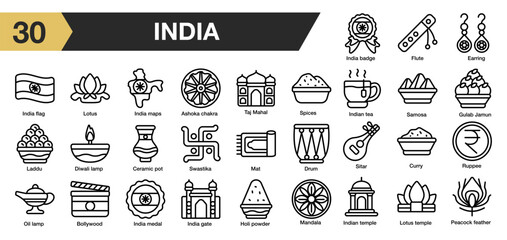 Set of 30 india icon set. Includes flute, drum, mat, oil lamp, lotus, laddu, tea, spices, and More. Outline icons vector collection.