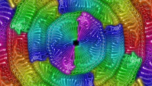 Seamless animation of a dancing skeletons with anstract echo effect. Funny halloween background with neon fluorescent effect for parties and events.