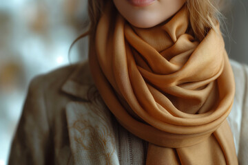 A woman wearing an elegant scarf in golden brown in a closeup sho