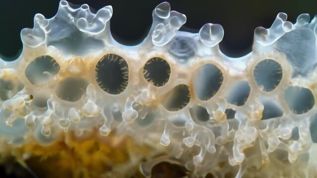 A side view of a conidium showing the complex patterns of the outer layer and the visible pores where spores will be released. . AI generation.
