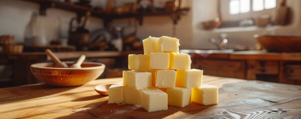 The process of making butter, cubes of butter stacked on a wooden board, wooden interior design.