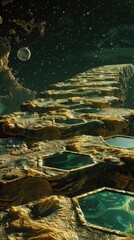 A network of hexagonal pathways on a futuristic planets surface
