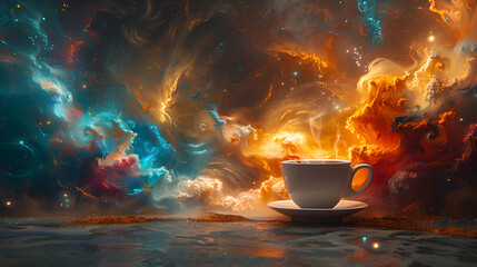 Discover the enchantment of a colored cup of universe coffee against a liquid color design...
