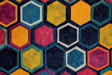 A textile pattern featuring interwoven hexagons in bold colors