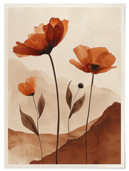 Contemporary art posters with a bohemian aesthetic, flowers in warm light brown and terracotta tones