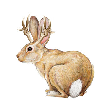 Jackalope myth rabbit creature watercolor illustration. Hand drawn wild mythological animal. Rabbit with horns vintage style illustration. Jackalope image on white background