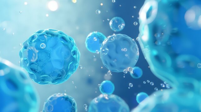An up-close view of a human or embryonic stem cell's structure under the microscope, focusing on the cell's nucleus, cytoplasm, and outer cellular membrane.