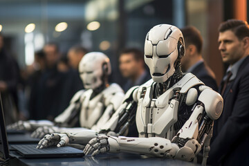 Robots with artificial intelligence speak at a press conference. - obrazy, fototapety, plakaty