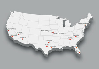map of United States with soccer tournament 2024 host cities - obrazy, fototapety, plakaty