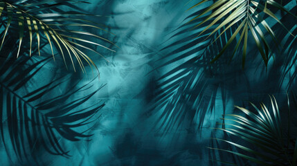 Dark blue wall with tropical palm leaf shadow. Beautiful abstract background concept banner for summer vacation