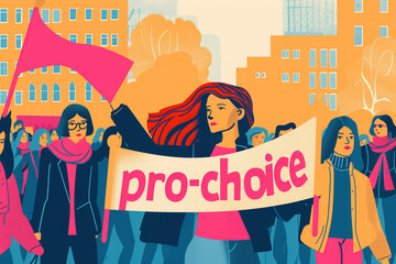 flat modern illustration woman activist holding a banner with text pro-choice other women in the background.