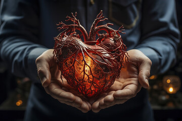 A man holding a heart in his hands. Cardiological health concept. - obrazy, fototapety, plakaty