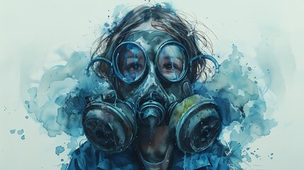 Bring to life the contrast of a child wearing a gas mask in a whimsical watercolor style Highlight the isolation and fear, set against a peaceful white background Emphasize the importance of the subje - obrazy, fototapety, plakaty