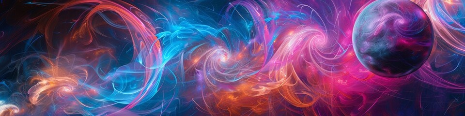 A panoramic digital artwork blending vibrant nebulas and celestial bodies in a cosmic dance, suitable for backgrounds, screen savers, and space-themed projects with expansive copy space.