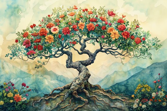 Illustrate a majestic tree of life as the focal point, intricately intertwining roots and branches, blooming with vibrant flowers and lush green leaves Utilize soft, flowing watercolor techniques to b