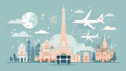 travel banner. travel around the world. landmarks on the globe. Tourism trip concept. Journey in Vacation. Vector illustration modern flat design