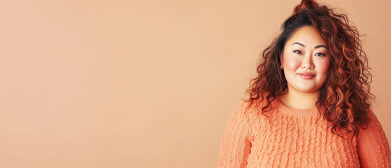 Beautiful Plus Size Asian Woman Wearing Relaxed Casual Clothes. Confident, Outgoing, Smiling. Mom, Successful Entrepreneur, Educated Professional, Working from Home. Equality, Diversity, Empowerment