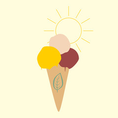  ice cream background, ice cream scoops in a cone,  ice cream in yellow, red pink and green leaf and sun, abstract simple design, ice cream with natural ingredients, ice cream logo
