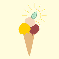  ice cream background, ice cream scoops in a cone,  ice cream in yellow, red pink and green leaf and sun, abstract simple design, ice cream with natural ingredients, ice cream logo