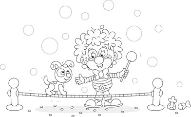Funny circus clown playing with a his cheerful small puppy balancing on a taut rope in a fun performance, black and white vector cartoon illustration for a coloring book