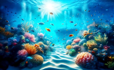 Fototapeta na wymiar Underwater Scenery with Fish 3D Wallpaper, A mermaid is sitting on a rock in the ocean, looking at a sunken ship in the distance. There are many colorful fish and coral reefs around her.