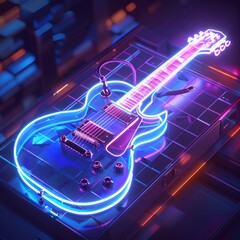  A stunning 3D illustration of an electric guitar outlined in vibrant neon lights, set against a...
