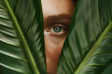 Tropical Gaze: Woman Peering Through Lush Green Foliage - obrazy, fototapety, plakaty