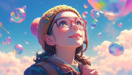 A curious child wearing glasses and a beanie, with colorful planets floating in the sky behind her, representing a fantasy world of imagination. The background is filled with dreamy clouds