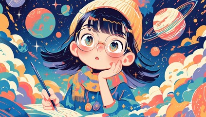 A curious child wearing glasses and a beanie, with colorful planets floating in the sky behind her, representing a fantasy world of imagination.