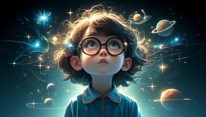 A curious child wearing glasses and a beanie, with dreamy clouds in the background representing imagination. 