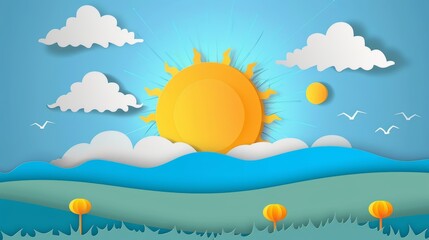 Fototapeta na wymiar A vibrant summer illustration featuring a sunny sky, serene sea, and sandy beach