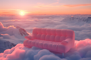 Dreamlike Comfort: Sofa Above the Clouds at Sunrise