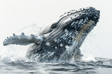 A humpback whale breaches the ocean's surface. - obrazy, fototapety, plakaty