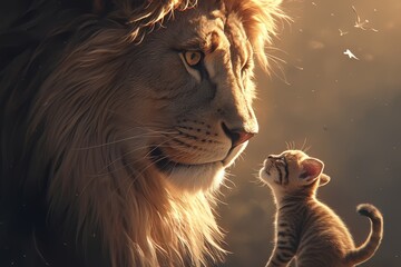 A cute kitten looking and seeing an adult lion. 